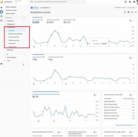 Google Analytics monetization and ecommerce performance overview